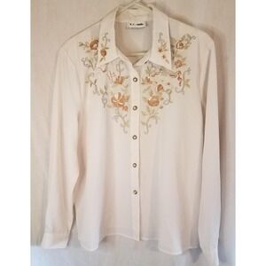 Vtg Ivory Long Sleeve Button Up Blouse Sheer Floral Embroidered XL? KC Studio